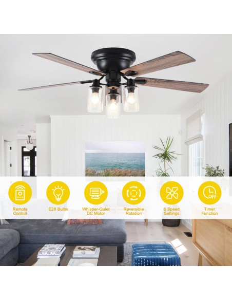 Oaks Aura 52" 5-Blade Farmhouse Flush Mount Ceiling Fan with Lights and Remote Control for Living Room