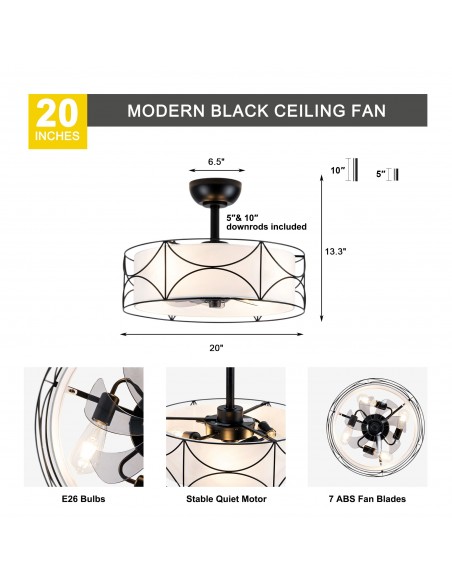 Oaks Aura 20" Modern Ceiling Fan with Lights and Remote Control, Fandelier Fan with Fabric Drum Shade for Bedroom