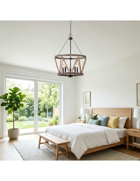 Oaks Aura 20" 5-Light Farmhouse Rope Wooden Chandelier with Adjustable Chain for Dining Room
