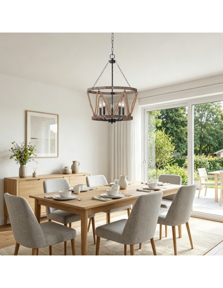 Oaks Aura 20" 5-Light Farmhouse Rope Wooden Chandelier with Adjustable Chain for Dining Room