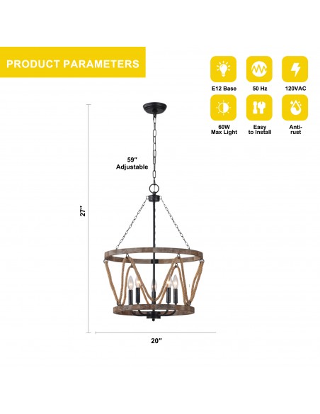 Oaks Aura 20" 5-Light Farmhouse Rope Wooden Chandelier with Adjustable Chain for Dining Room