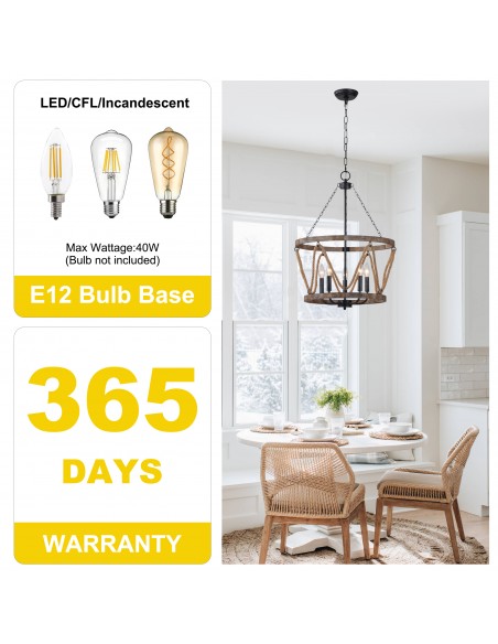 Oaks Aura 20" 5-Light Farmhouse Rope Wooden Chandelier with Adjustable Chain for Dining Room
