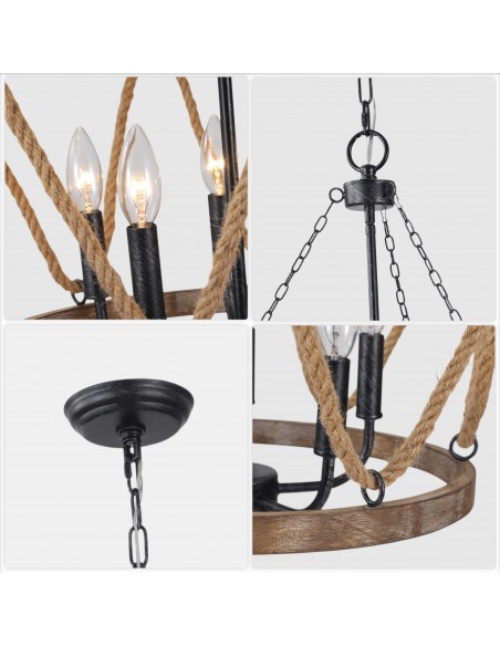Oaks Aura 20" 5-Light Farmhouse Rope Wooden Chandelier with Adjustable Chain for Dining Room