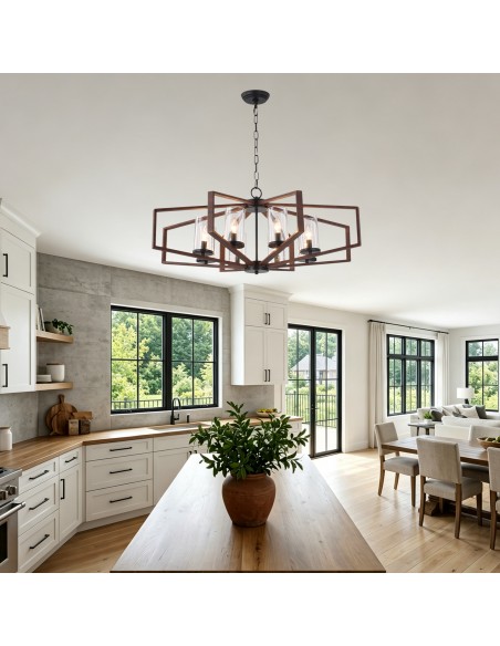Oaks Aura 35" Farmhouse Geometric Chandelier with Clear Glass Shades, 8-Light Pendant Light with 70" Adjustable Chain for Foyer