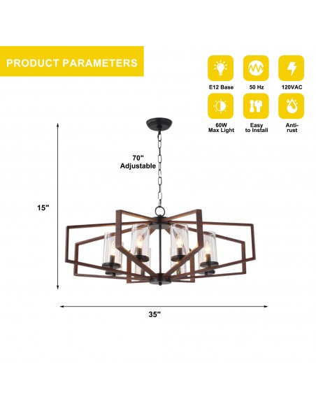 Oaks Aura 35" Farmhouse Geometric Chandelier with Clear Glass Shades, 8-Light Pendant Light with 70" Adjustable Chain for Foyer