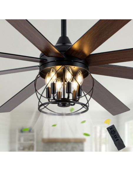 Oaks Aura 72" Black Large Farmhouse Caged Ceiling Fan with Light and Remote, Reversible 6-Speed Chandelier Fan for Living Room