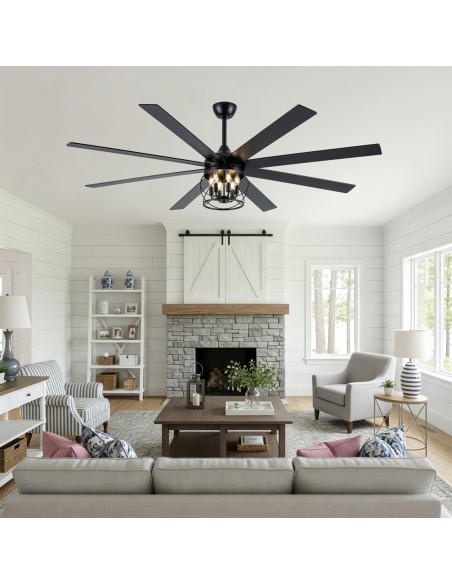 Oaks Aura 72" Black Large Farmhouse Caged Ceiling Fan with Light and Remote, Reversible 6-Speed Chandelier Fan for Living Room