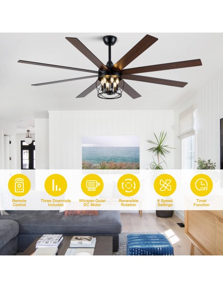 Oaks Aura 72" Black Large Farmhouse Caged Ceiling Fan with Light and Remote, Reversible 6-Speed Chandelier Fan for Living Room