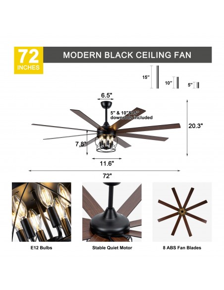 Oaks Aura 72" Black Large Farmhouse Caged Ceiling Fan with Light and Remote, Reversible 6-Speed Chandelier Fan for Living Room