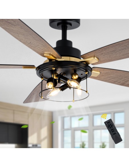 Oaks Aura 52" 5-Blade Industrial Caged Ceiling Fan with Lights and Remote, 6 Speeds Reversible Chandelier Fan for Living Room