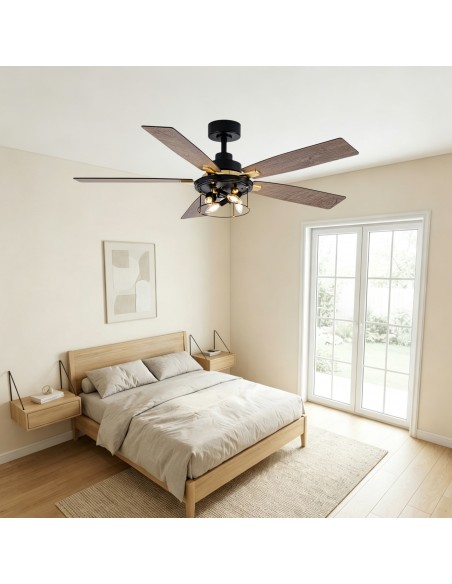 Oaks Aura 52" 5-Blade Industrial Caged Ceiling Fan with Lights and Remote, 6 Speeds Reversible Chandelier Fan for Living Room
