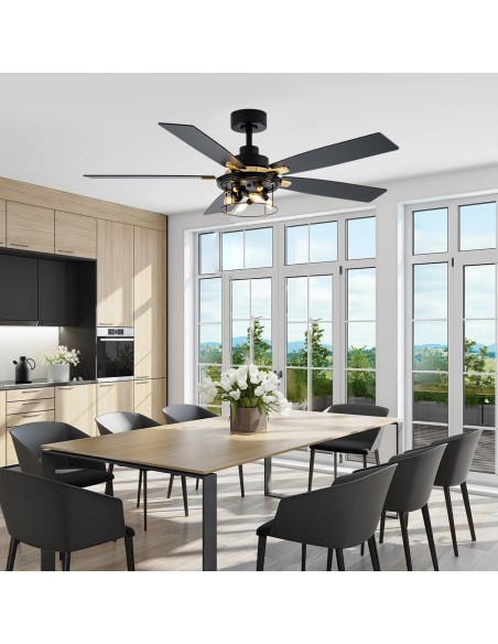 Oaks Aura 52" 5-Blade Industrial Caged Ceiling Fan with Lights and Remote, 6 Speeds Reversible Chandelier Fan for Living Room