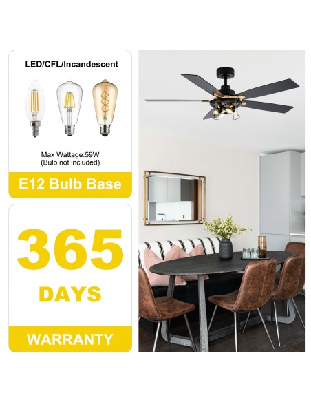 Oaks Aura 52" 5-Blade Industrial Caged Ceiling Fan with Lights and Remote, 6 Speeds Reversible Chandelier Fan for Living Room