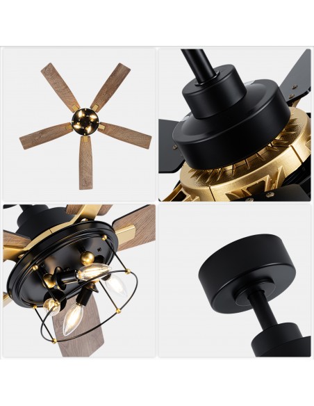 Oaks Aura 52" 5-Blade Industrial Caged Ceiling Fan with Lights and Remote, 6 Speeds Reversible Chandelier Fan for Living Room