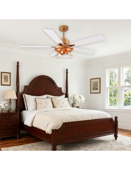 Oaks Aura 52" 5-Blade Industrial Caged Ceiling Fan with Lights and Remote, 6 Speeds Reversible Chandelier Fan for Living Room