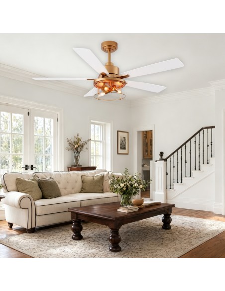 Oaks Aura 52" 5-Blade Industrial Caged Ceiling Fan with Lights and Remote, 6 Speeds Reversible Chandelier Fan for Living Room