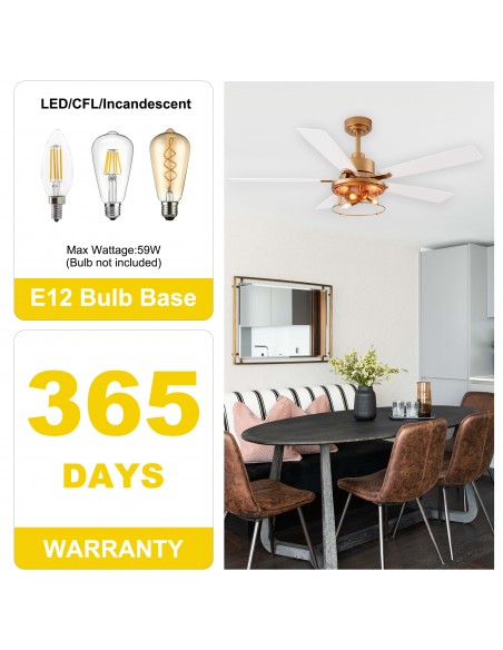 Oaks Aura 52" 5-Blade Industrial Caged Ceiling Fan with Lights and Remote, 6 Speeds Reversible Chandelier Fan for Living Room