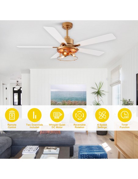 Oaks Aura 52" 5-Blade Industrial Caged Ceiling Fan with Lights and Remote, 6 Speeds Reversible Chandelier Fan for Living Room
