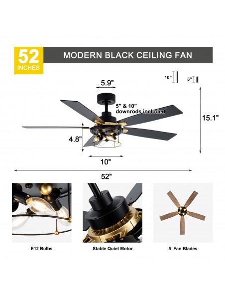 Oaks Aura 52" 5-Blade Industrial Caged Ceiling Fan with Lights and Remote, 6 Speeds Reversible Chandelier Fan for Living Room