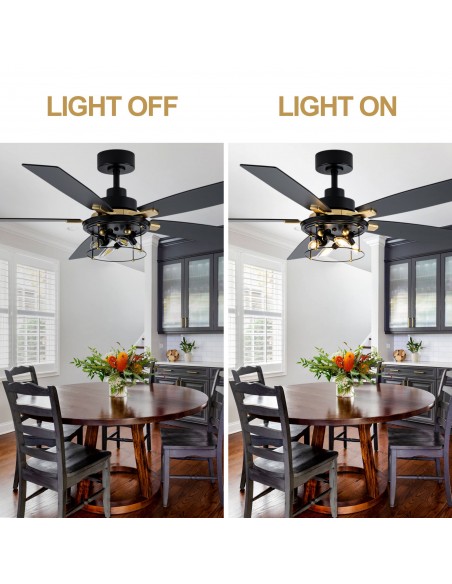 Oaks Aura 52" 5-Blade Industrial Caged Ceiling Fan with Lights and Remote, 6 Speeds Reversible Chandelier Fan for Living Room