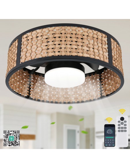 Oaks Aura 20" Boho Woven Bamboo Flush Mount Ceiling Fan with Light, Remote & APP Control for Bedroom