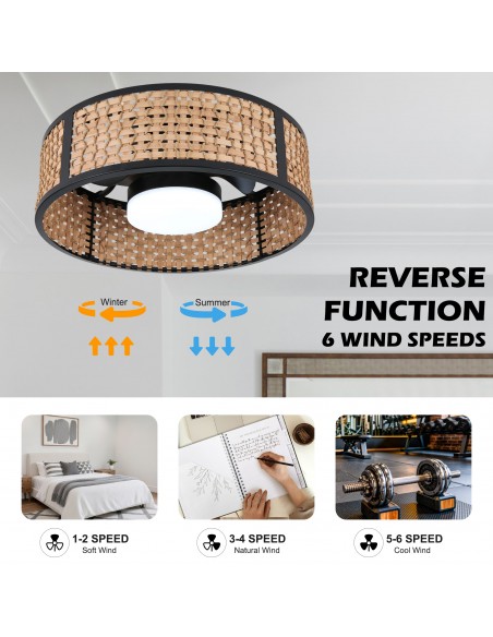 Oaks Aura 20" Boho Woven Bamboo Flush Mount Ceiling Fan with Light, Remote & APP Control for Bedroom