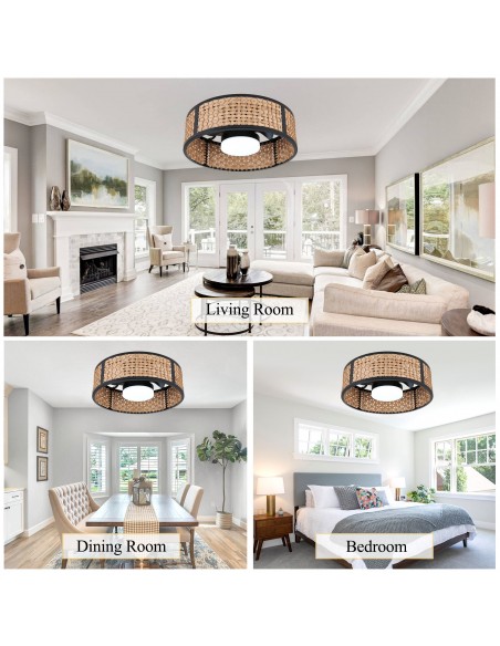 Oaks Aura 20" Boho Woven Bamboo Flush Mount Ceiling Fan with Light, Remote & APP Control for Bedroom