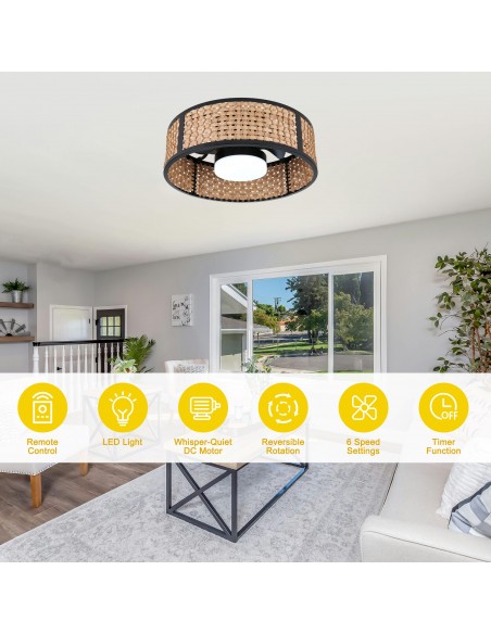 Oaks Aura 20" Boho Woven Bamboo Flush Mount Ceiling Fan with Light, Remote & APP Control for Bedroom