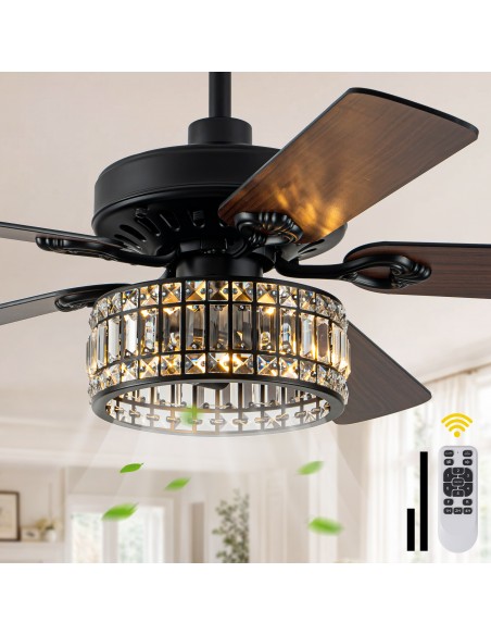 Oaks Aura 52" Black Crystal Ceiling Fan with Light and Remote Control, Luxury Ceiling Fan for Living Room