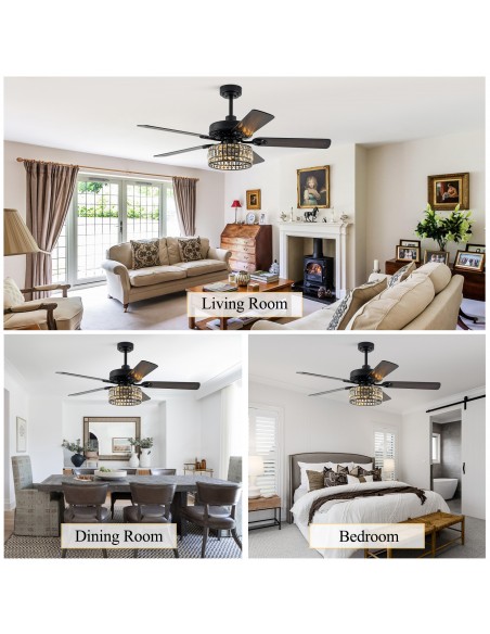 Oaks Aura 52" Black Crystal Ceiling Fan with Light and Remote Control, Luxury Ceiling Fan for Living Room