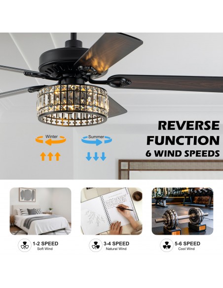 Oaks Aura 52" Black Crystal Ceiling Fan with Light and Remote Control, Luxury Ceiling Fan for Living Room