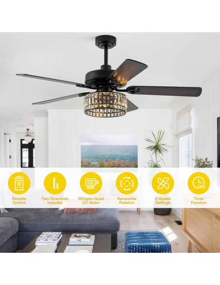 Oaks Aura 52" Black Crystal Ceiling Fan with Light and Remote Control, Luxury Ceiling Fan for Living Room