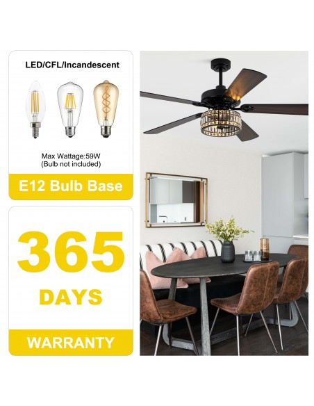 Oaks Aura 60" Black Crystal Ceiling Fan with Light and Remote Control, Luxury Ceiling Fan for Living Room
