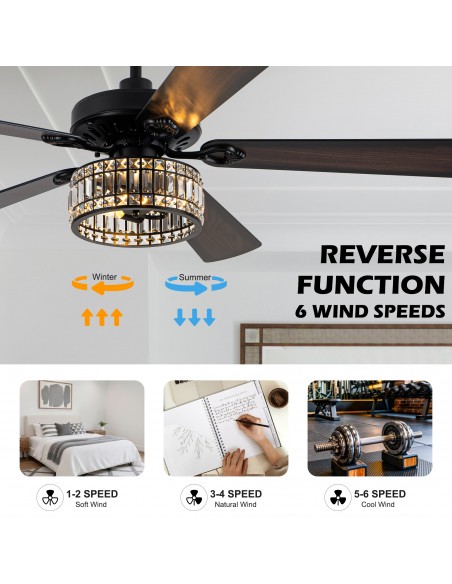Oaks Aura 60" Black Crystal Ceiling Fan with Light and Remote Control, Luxury Ceiling Fan for Living Room