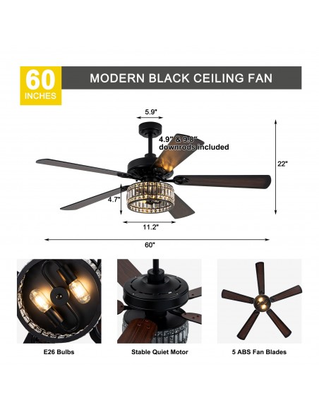 Oaks Aura 60" Black Crystal Ceiling Fan with Light and Remote Control, Luxury Ceiling Fan for Living Room