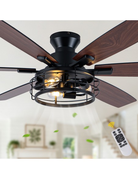 Oaks Aura 60” Black Industrial Flush Mount Ceiling Fan with Lights and Remote Control, 6 Speed Reversible Fan for Living Room