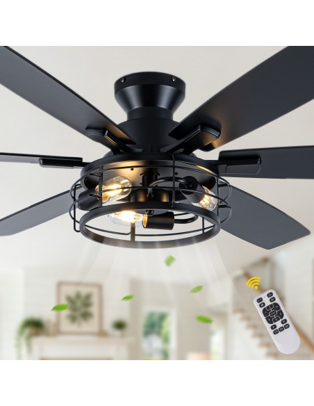 Oaks Aura 60” Black Industrial Flush Mount Ceiling Fan with Lights and Remote Control, 6 Speed Reversible Fan for Living Room
