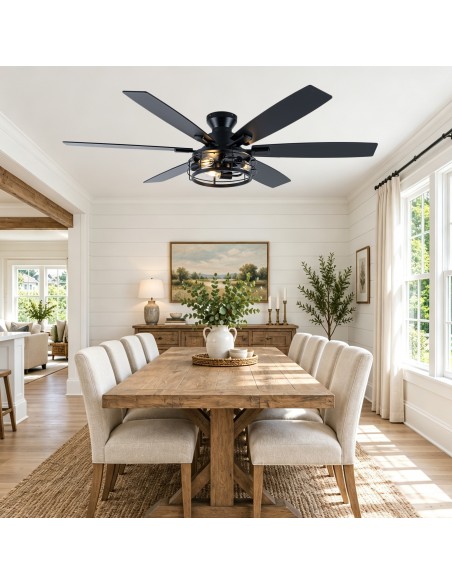 Oaks Aura 60” Black Industrial Flush Mount Ceiling Fan with Lights and Remote Control, 6 Speed Reversible Fan for Living Room