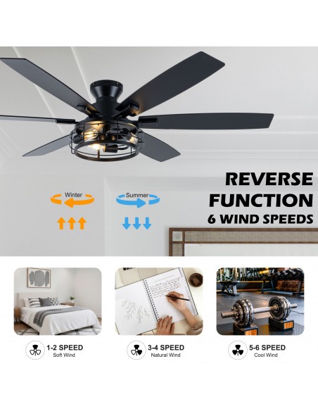 Oaks Aura 60” Black Industrial Flush Mount Ceiling Fan with Lights and Remote Control, 6 Speed Reversible Fan for Living Room