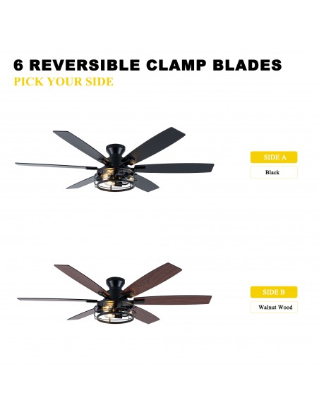 Oaks Aura 60” Black Industrial Flush Mount Ceiling Fan with Lights and Remote Control, 6 Speed Reversible Fan for Living Room