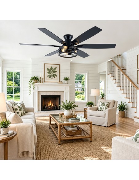 Oaks Aura 60” Black Industrial Flush Mount Ceiling Fan with Lights and Remote Control, 6 Speed Reversible Fan for Living Room