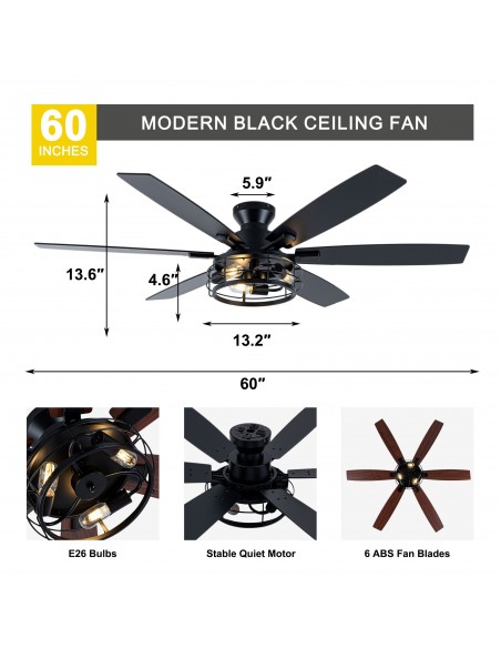 Oaks Aura 60” Black Industrial Flush Mount Ceiling Fan with Lights and Remote Control, 6 Speed Reversible Fan for Living Room