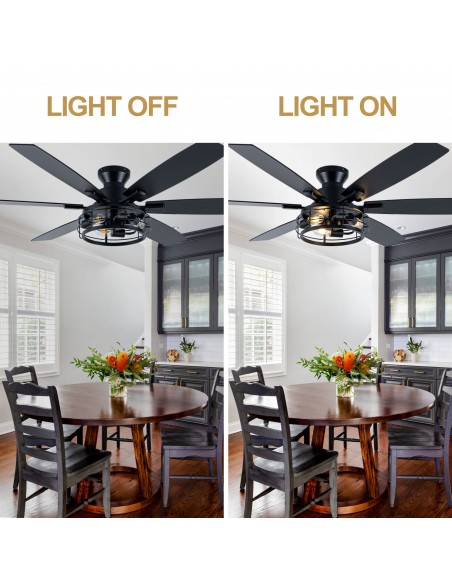 Oaks Aura 60” Black Industrial Flush Mount Ceiling Fan with Lights and Remote Control, 6 Speed Reversible Fan for Living Room