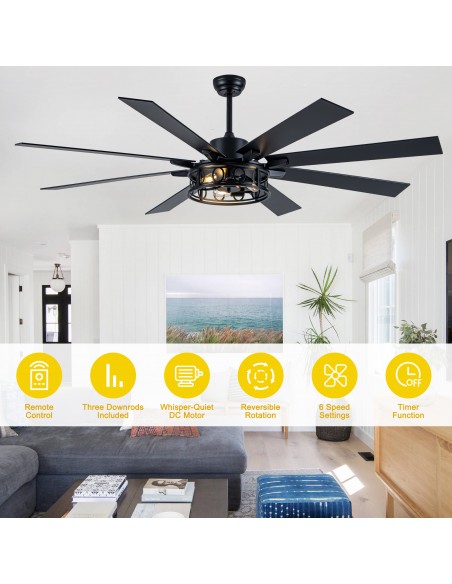 Oaks Aura 72” Black Large Farmhouse Ceiling Fan with Light and Remote, 6 Speed DC Motor Reversible Ceiling Fan for Living Room