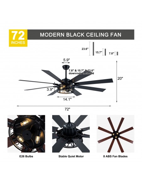 Oaks Aura 72” Black Large Farmhouse Ceiling Fan with Light and Remote, 6 Speed DC Motor Reversible Ceiling Fan for Living Room
