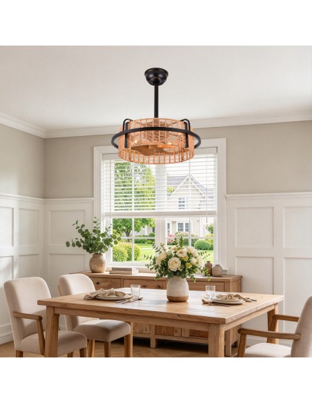 Oaks Aura 20" Boho Caged Ceiling Fan with Light and Remote, Farmhouse Rope Woven Fandelier Fan for Bedroom