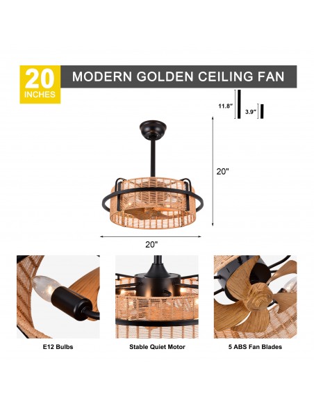 Oaks Aura 20" Boho Caged Ceiling Fan with Light and Remote, Farmhouse Rope Woven Fandelier Fan for Bedroom