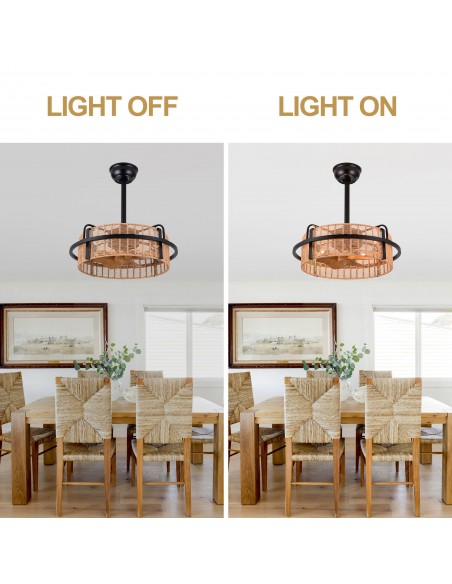 Oaks Aura 20" Boho Caged Ceiling Fan with Light and Remote, Farmhouse Rope Woven Fandelier Fan for Bedroom