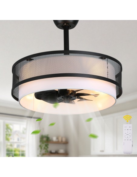 Oaks Aura 20" Boho Caged Ceiling Fan with Light and Remote, Reversible DC Motor Fandelier with Fabric Shade for Bedroom