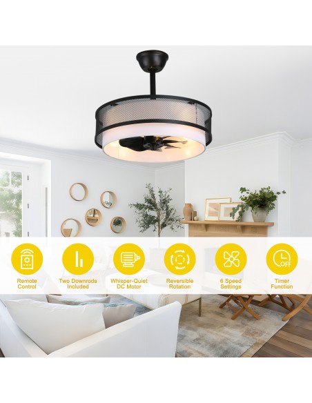 Oaks Aura 20" Boho Caged Ceiling Fan with Light and Remote, Reversible DC Motor Fandelier with Fabric Shade for Bedroom